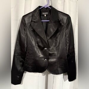 Y2K Black Satin Cropped Blazer Structured Glam Evening Jacket Size 38|6-8 US|Med